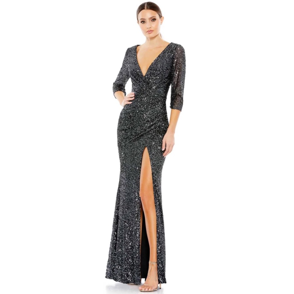 Mac Duggal sequin draped 3/4 sleeve v neck slit maxi dress gown